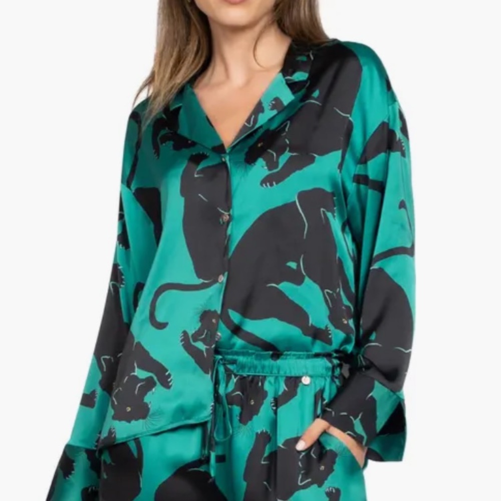 Midnight bakery green and Black Satin Pajama Top button up